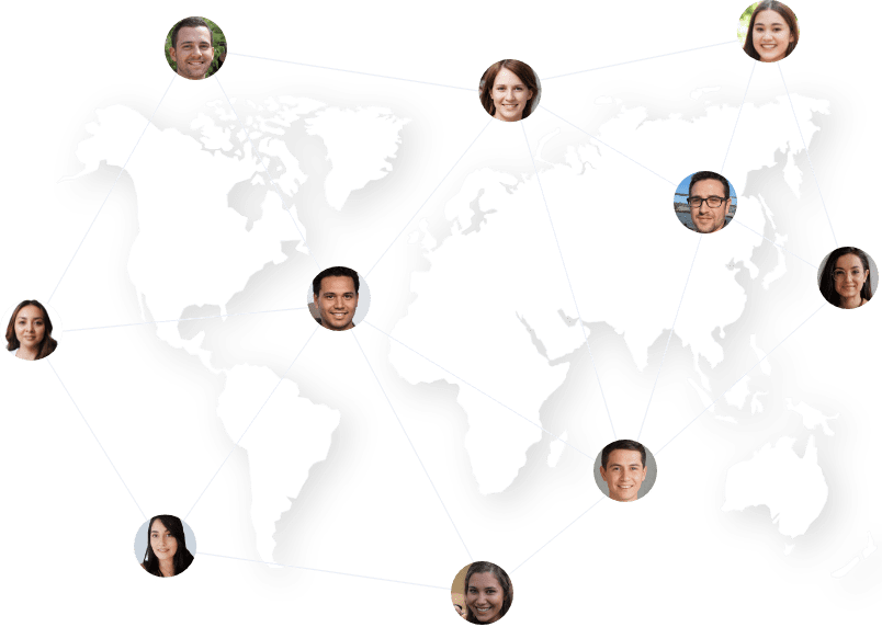 avatars de miembros del equipo de la agencia enfocada en marketing digital para empresas sobre un mapa mundi