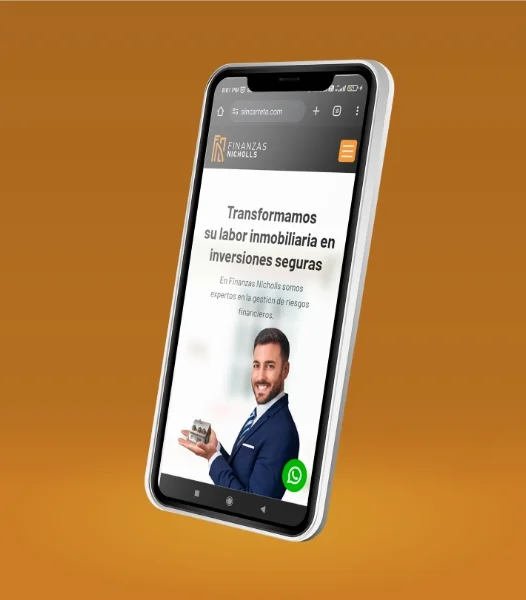 Celular en perspectiva sobre fondo naranja mostrando en la pantalla la página web de la empresa Finanzas Nicholls