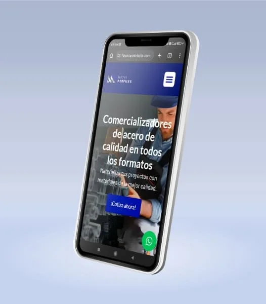 Celular mostrando el website y seo de la nueva página web de la empresa metal perfiles sobre fondo azul claro