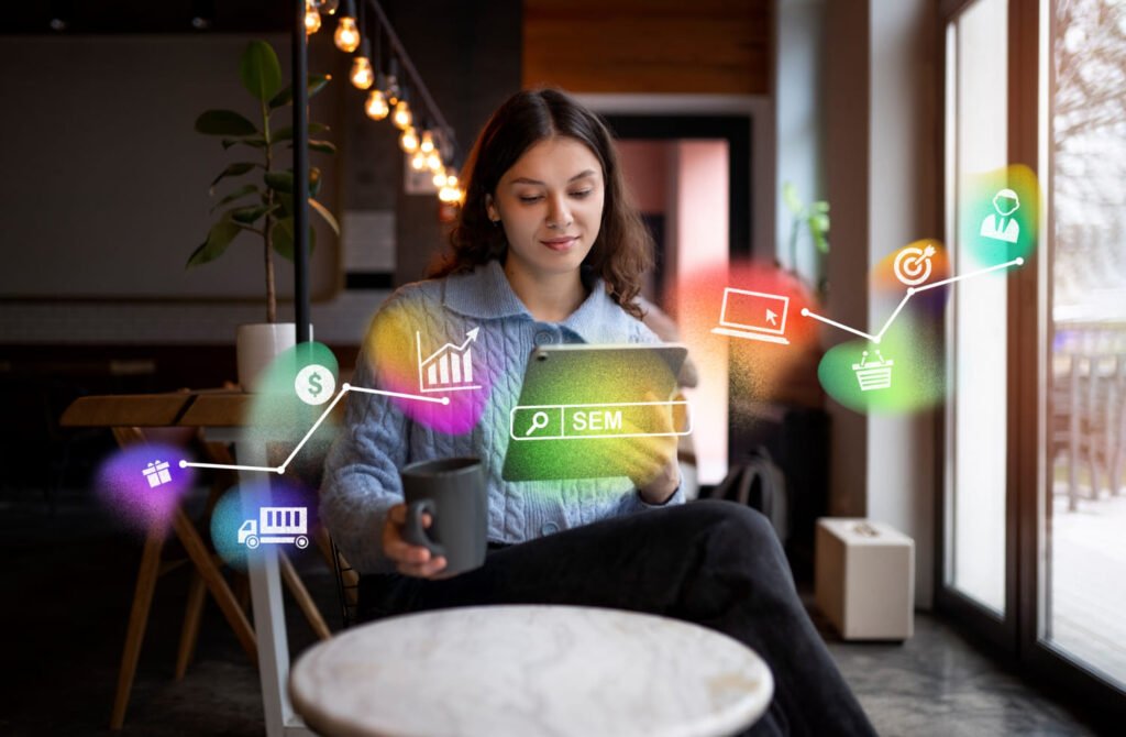 mujer sentada en sala de estar de oficina, tomando un café y sosteniendo una tablet, observando las tendencias de marketing digital 2024